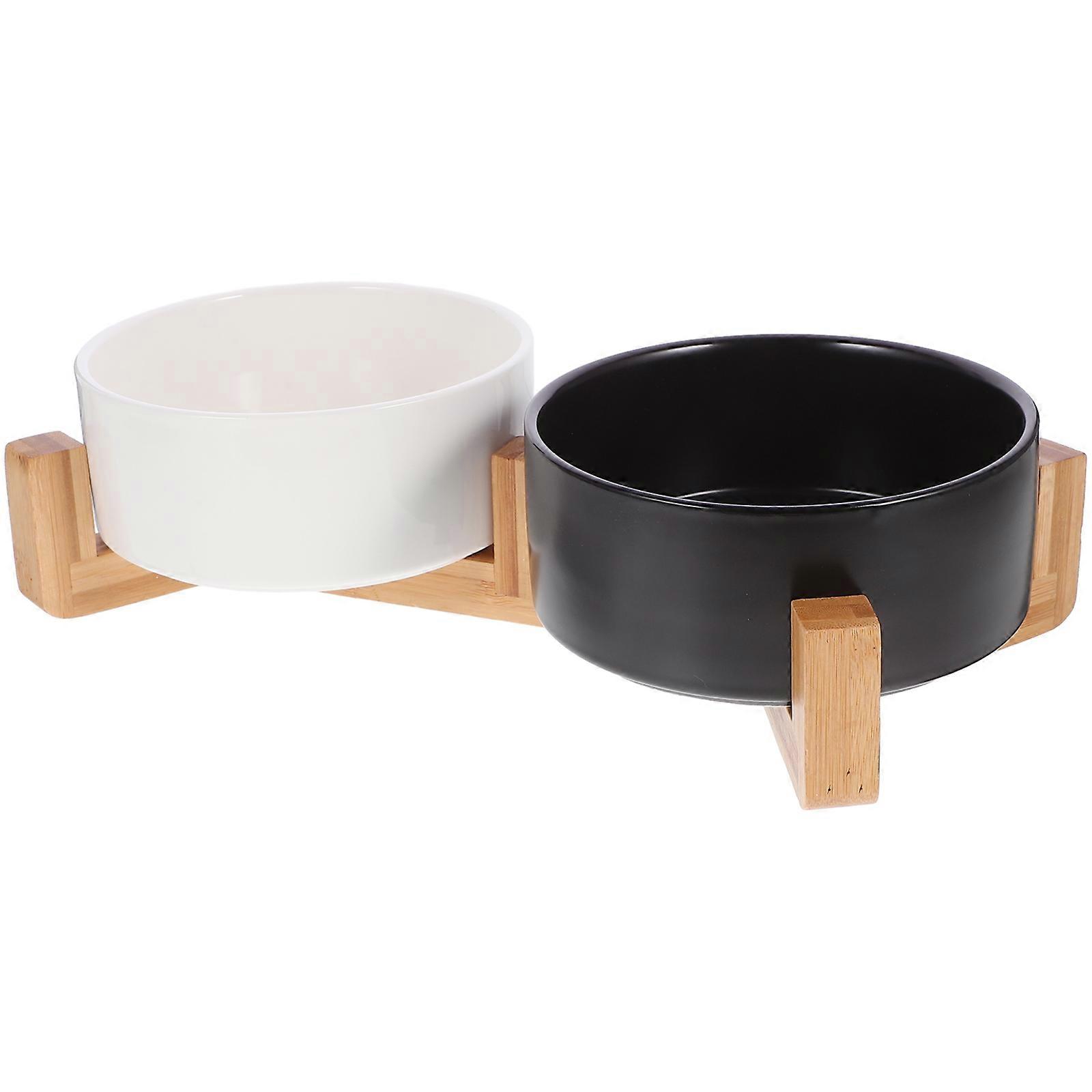 Ceramic Dog Bowl with Wooden Stand for Pet Use Assorted Color Non Slip Feeding Bowl 1 Set