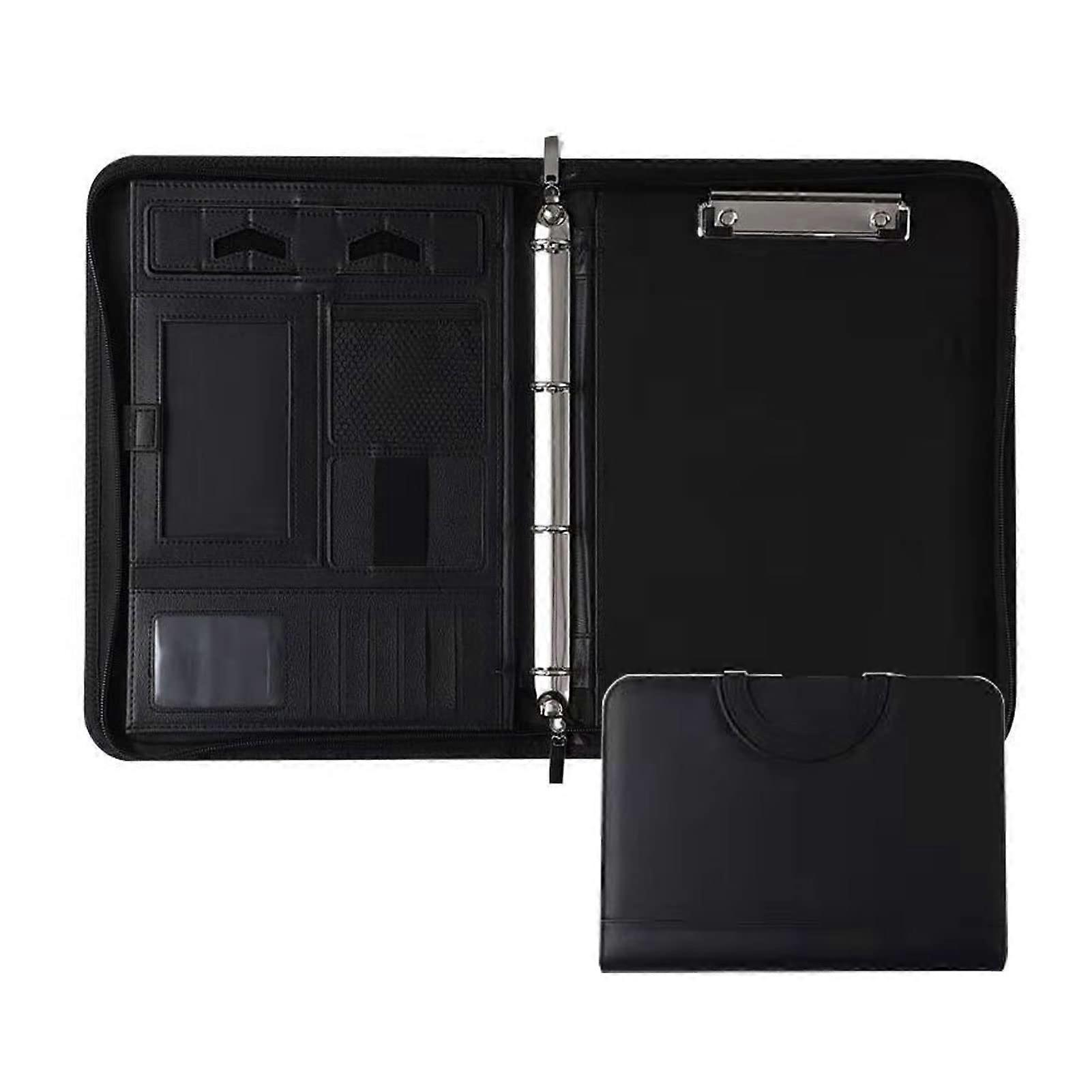 A4 Conference Folder Faux Leather Zipper File Organizer (Black)