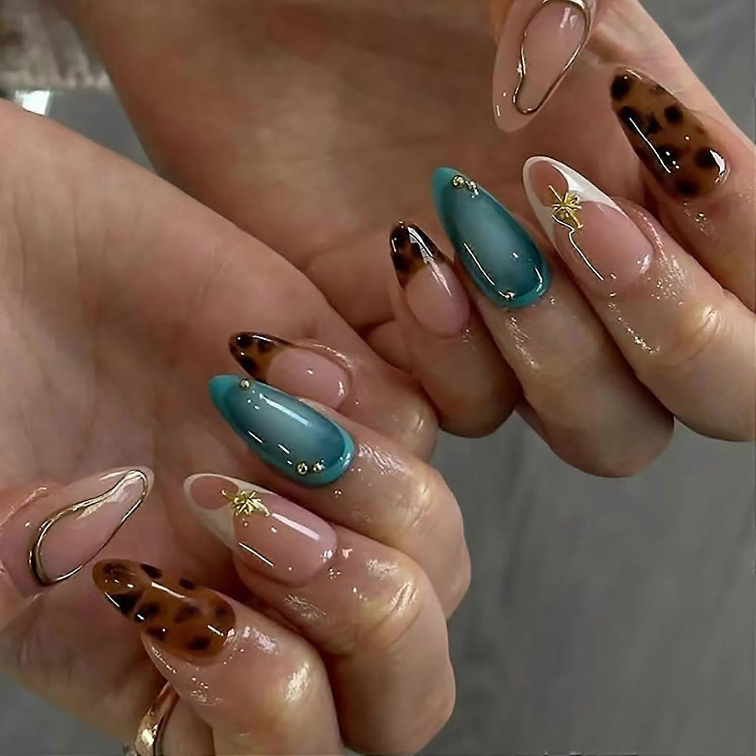 24Pcs Almendra Prensa En Uñas Uñas Medianas Falsas Punta Francesa Uñas Prensas Con