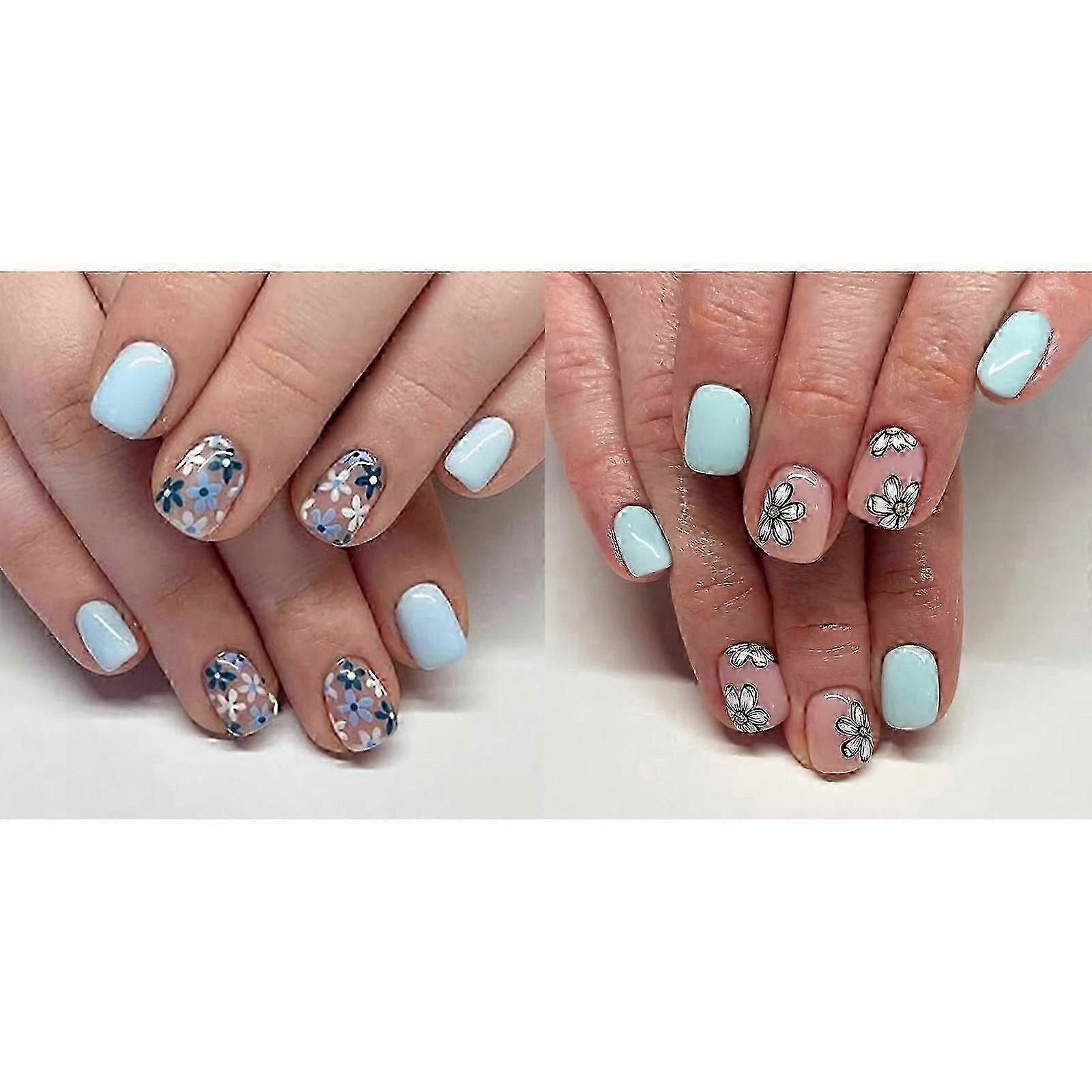 French Tip Press On Nails with Designs, Square Fake Artificial Nails