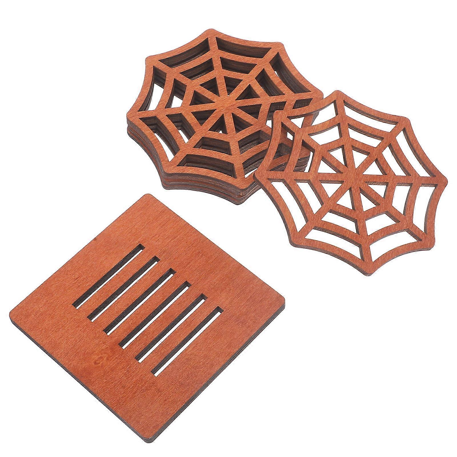 Spider Web Halloween Coasters Wooden Material for Home Use 4Sets