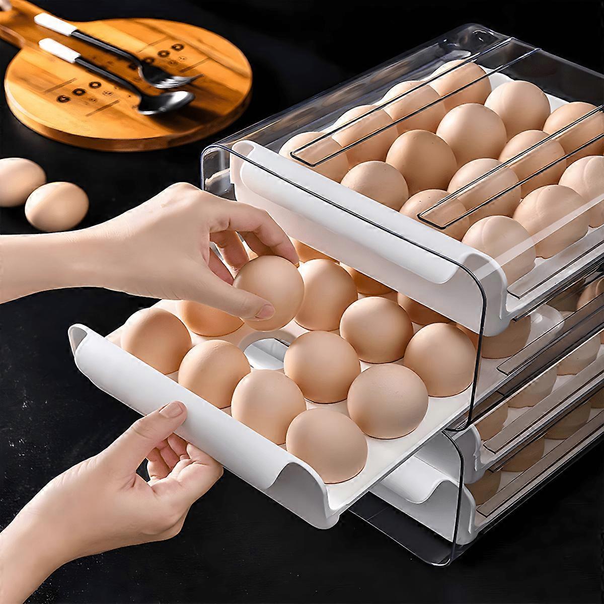 32 Egg Trays - 2-Tier Plastic Fridge Egg Organizer with Lid & Handle, Stackable Egg Holder for Refrigerator, White