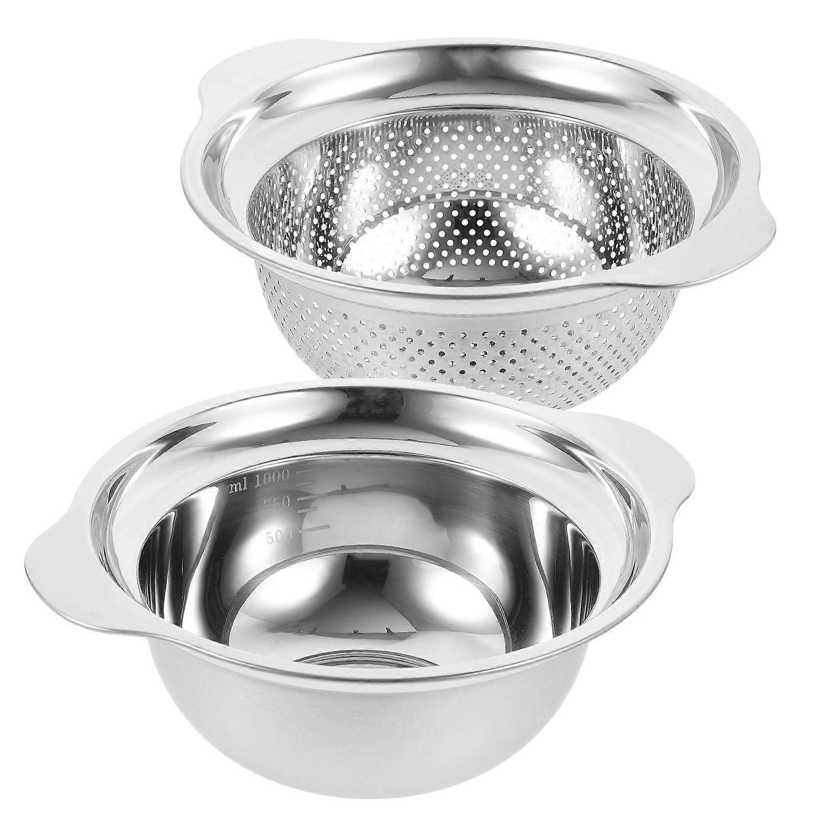 2Sets Stainless Steel Colander with Mixing Bowl for Storage Use Silver