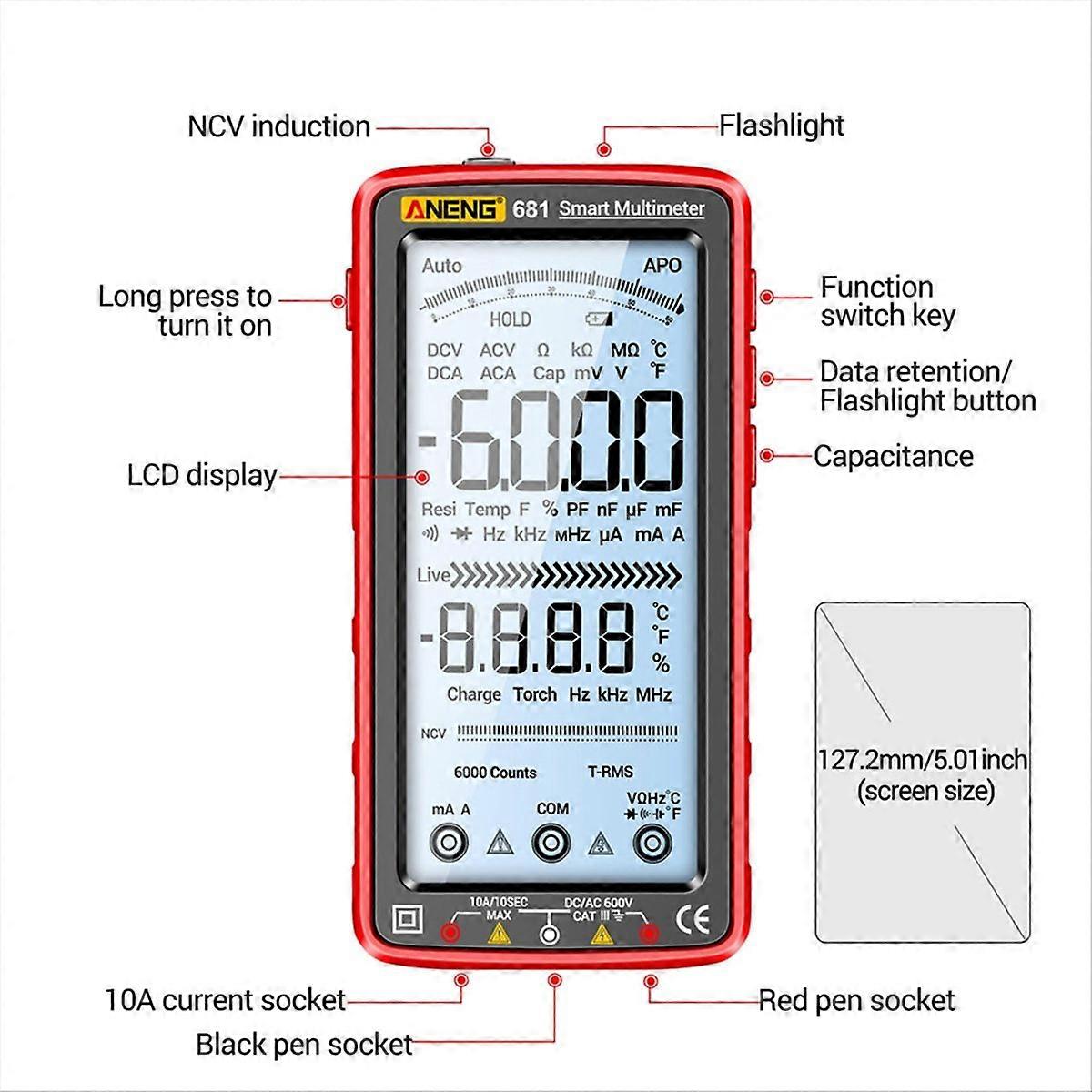 ANENG 681 Digital Multimeter Non-Contact Voltage Tester Red