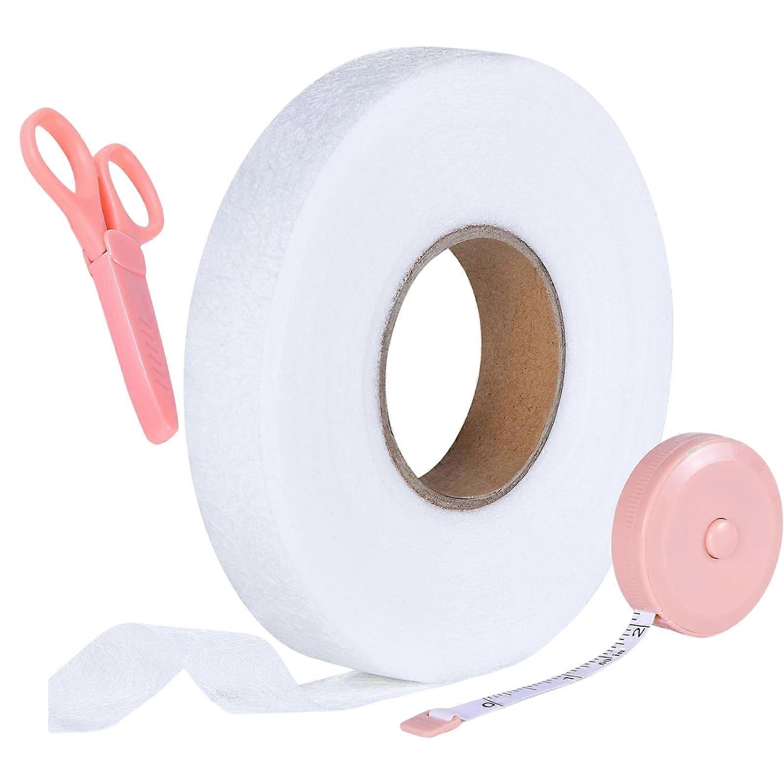 Hem Tape Iron-On Hemming Fabric Tape with Scissors & Tape Measure Hemming Tape for Clothes Pants Dresses Curtains  White