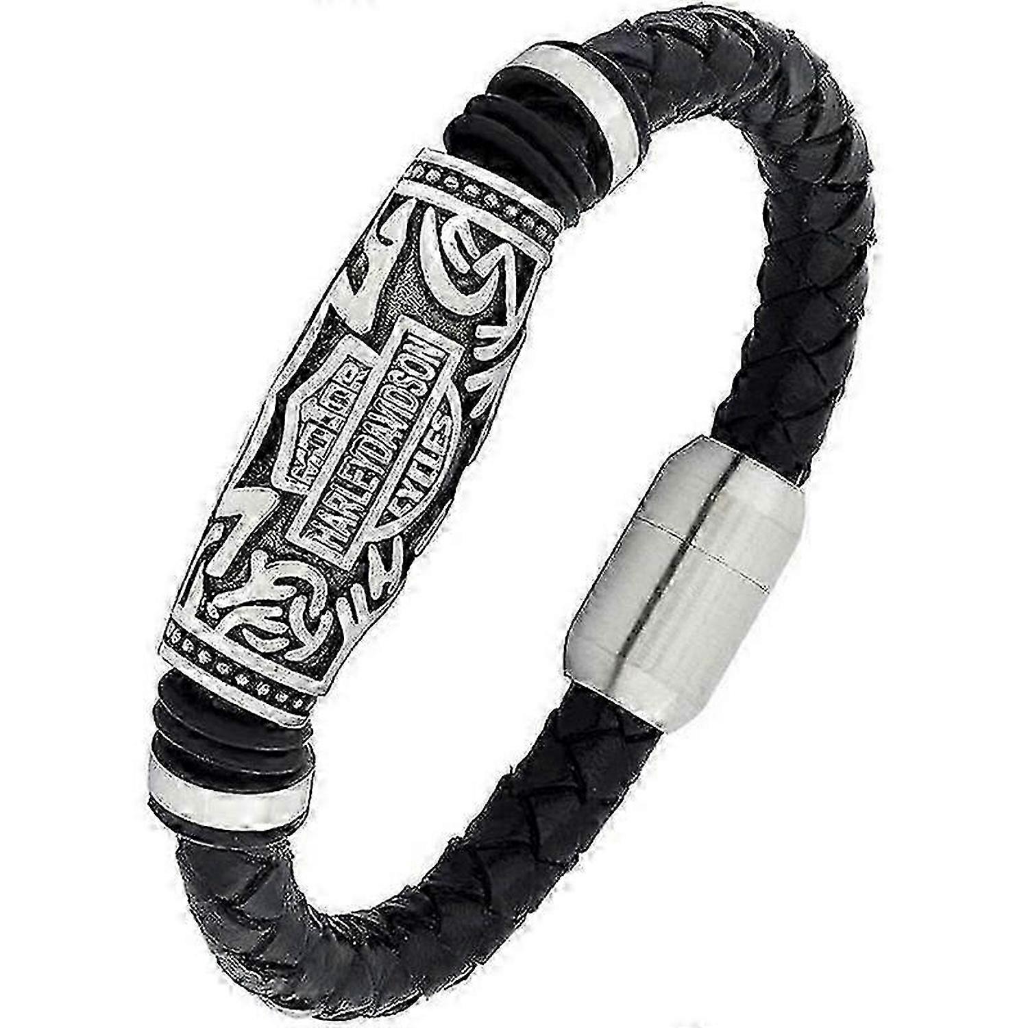 本物のハーレーダビッドソンレザーバイカーブレスレットは、ステンレス鋼のアクセントL237とソフトブラックの男性のために手作り