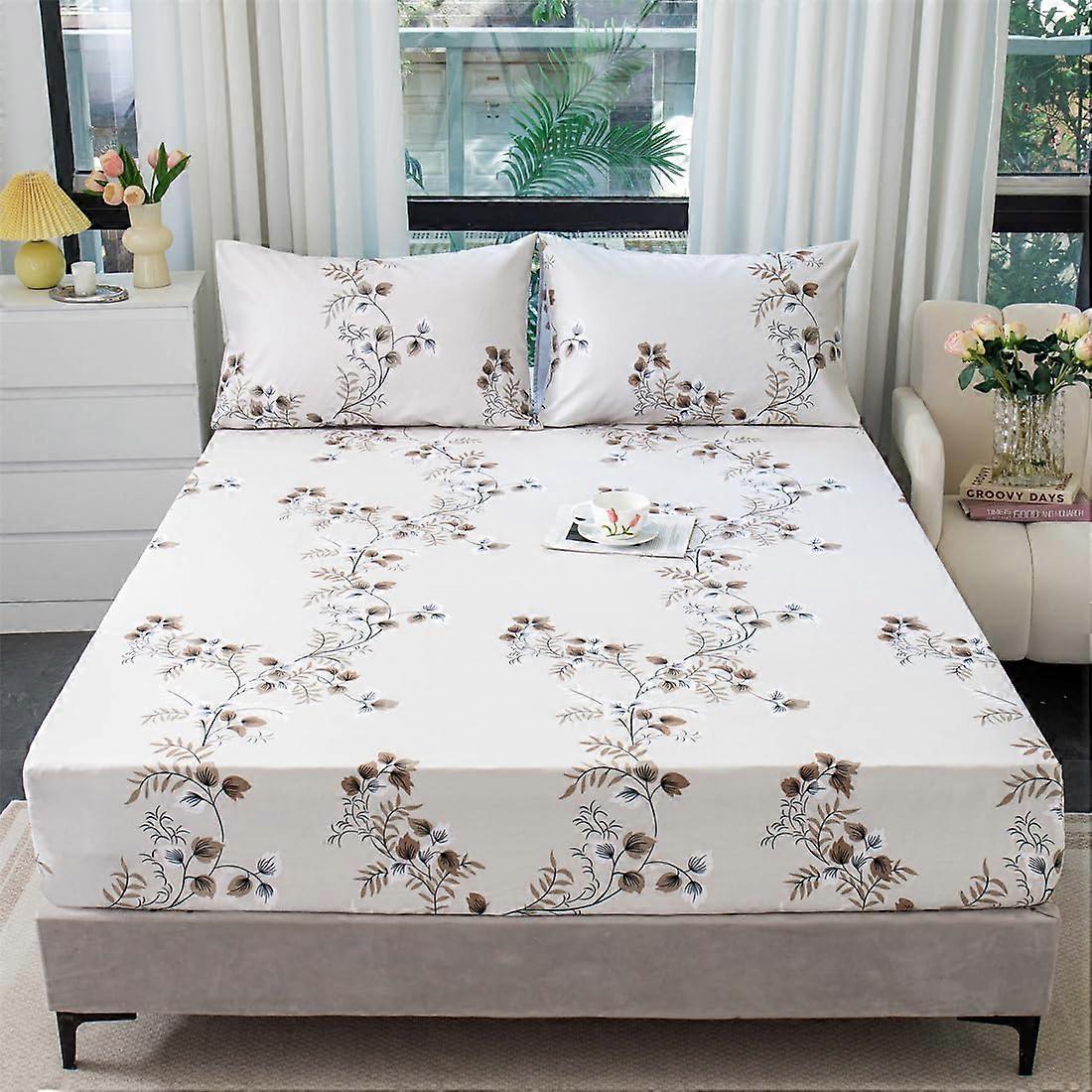 Leaf Print Microfiber Fitted Sheet with Deep Pocket for Double Bed, Soft Breathable Fade Resistant