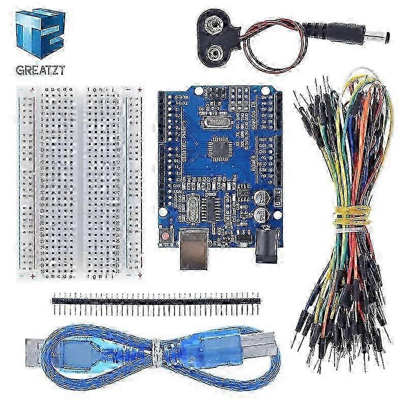 Starter Kit for arduino Uno R3 - Bundle of 5 Items: Uno R3, Breadboard, Jumper Wires, USB Cable and 9V Battery Connector