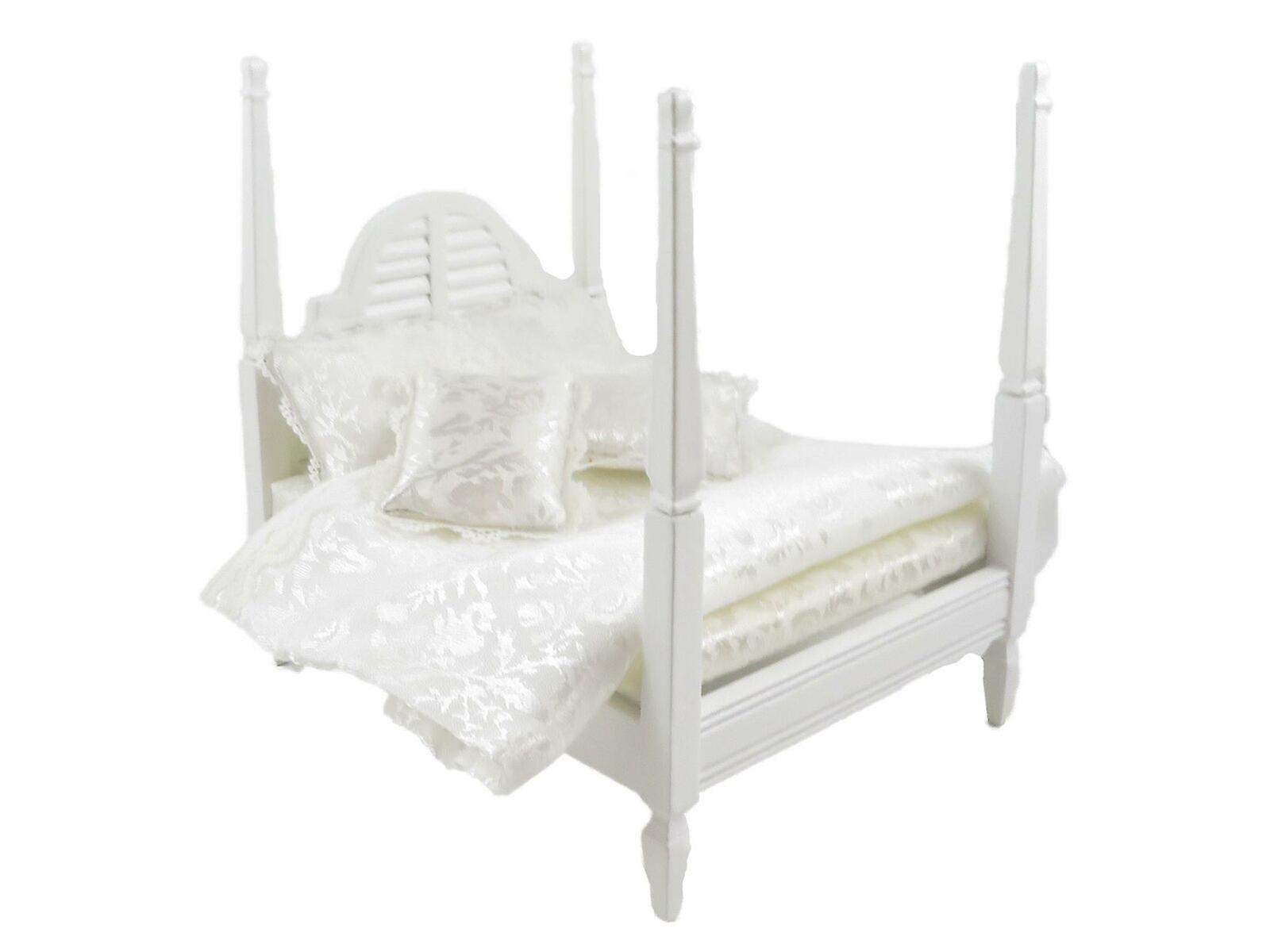 Dockor Hus Vit 4 Affisch Dubbelsäng &amp; Sängkläder Miniatyr Sovrumsmöbler