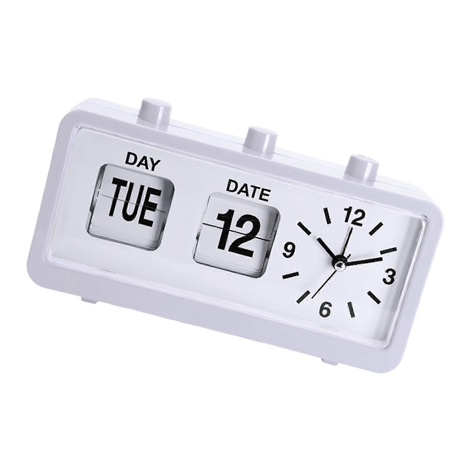 Classical Retro Mechanical Alarm Clock with Manual Flipped Calendar Date Day Time Display for Living Room or Office  White