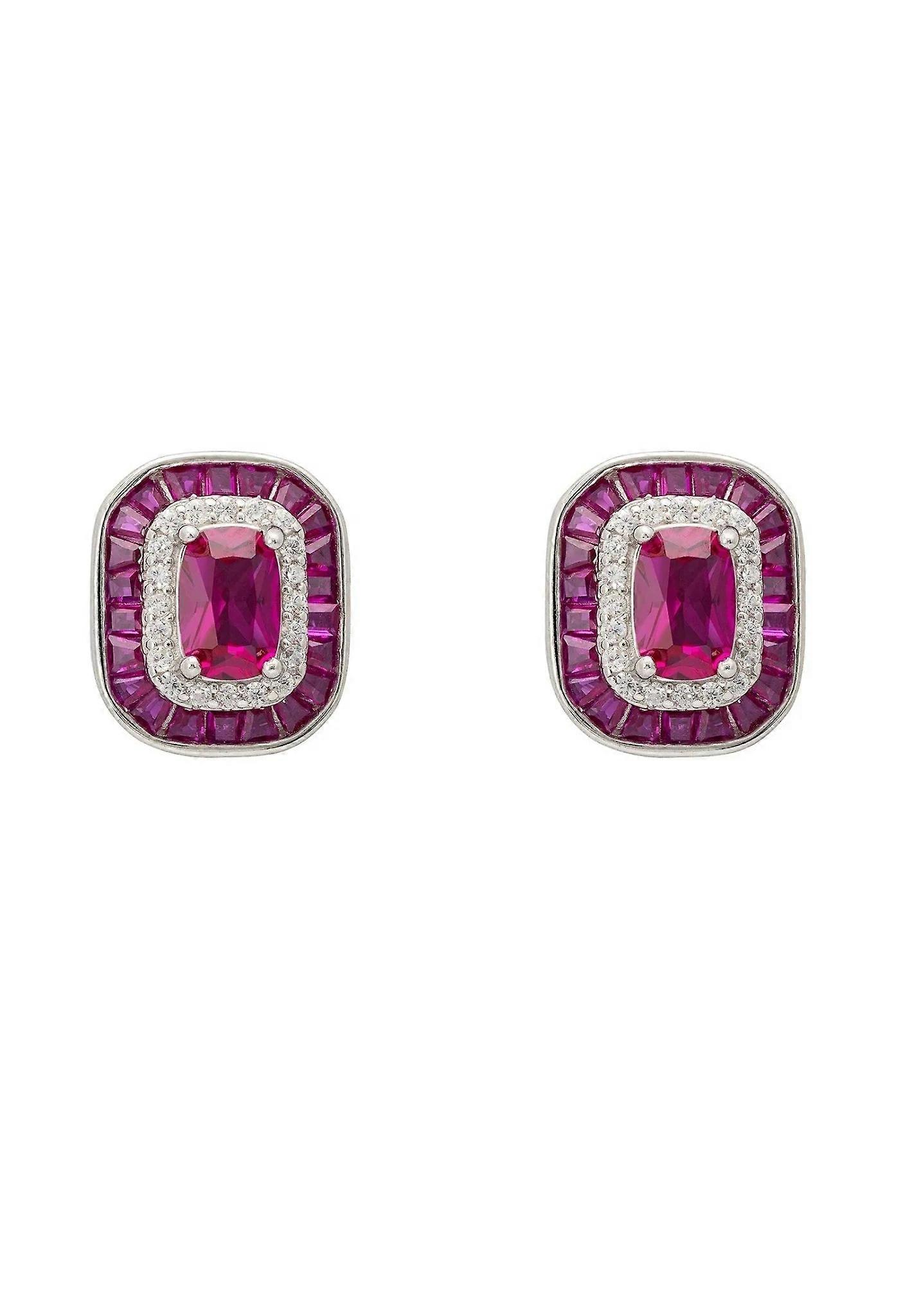 Great Gatsby Ruby Silver Stud Earrings for Women, 925 Sterling Silver, Lab-Created Ruby Gems, Cubic Zirconia Halo