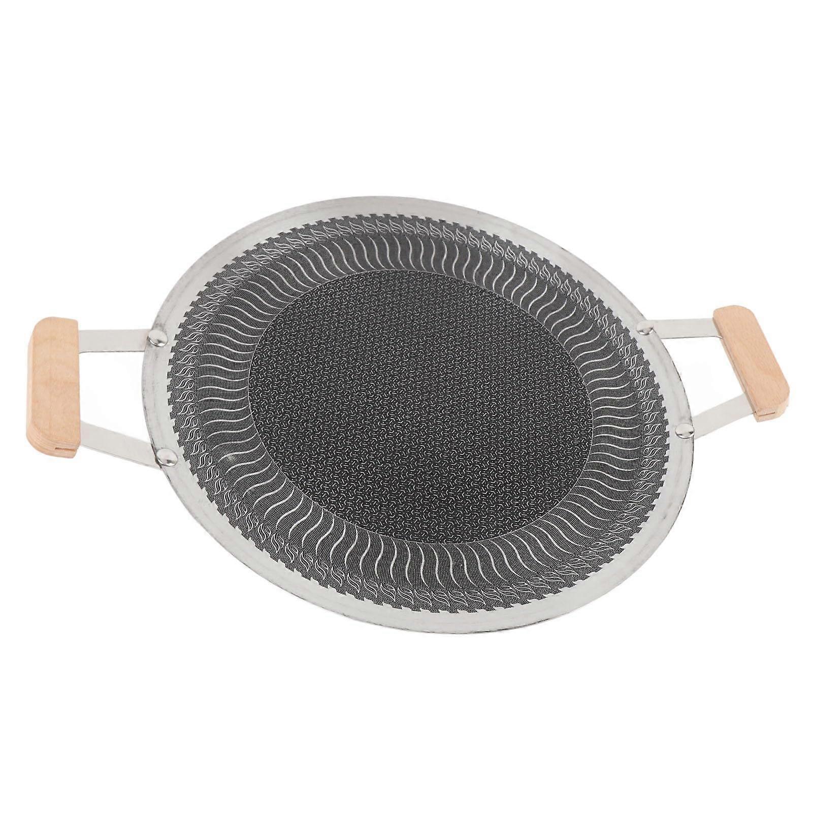 BBQ Grill Pan Nonstick Round Cast Iron with Wooden Handles for Induction and Gas 38cm