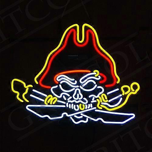 Pirate Skull & Crossbones Real Glass Neon Sign - Vintage Nautical Themed Wall Light for Tiki Bar, Man Cave, Game Room Decor - 19"x15"