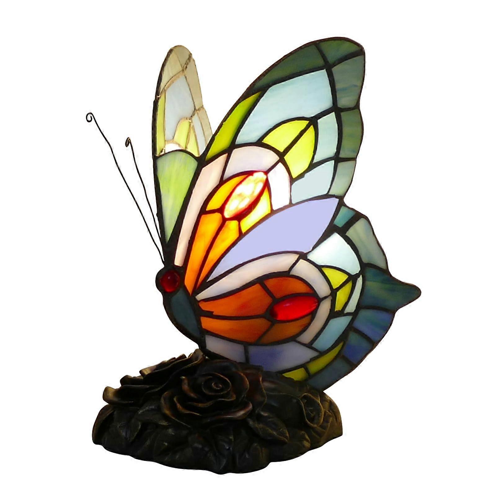 Table Lamp with Blue Butterfly Stained Glass Shade, Vintage Rose Base, Color Changing LED