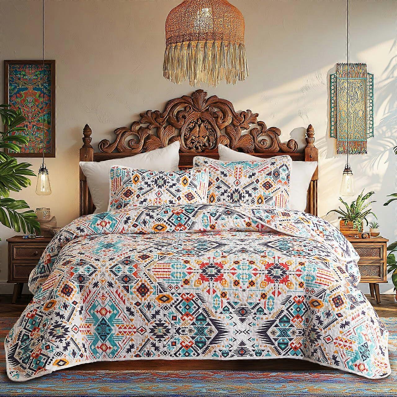 Bohemian Quilt Set Queen Size with Shams, Lightweight All Season Boho Geometric Bedspread