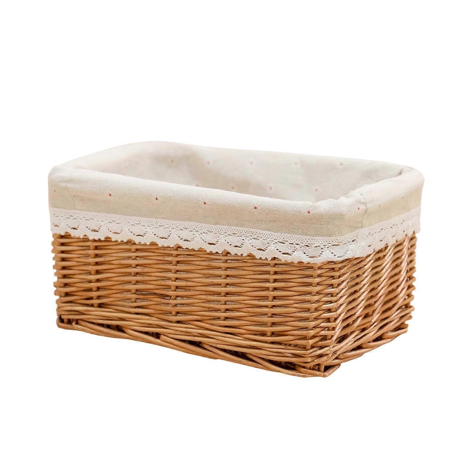 Wicker Bread Basket with Removable Liner, Handmade Woven Rectangular Kitchen Storage