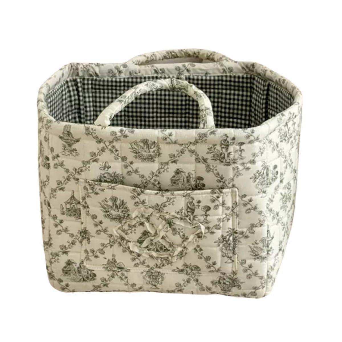 Boho Fabric Storage Basket with Handles Quilted Floral Foldable Organizer for Laundry Picnic Cyan