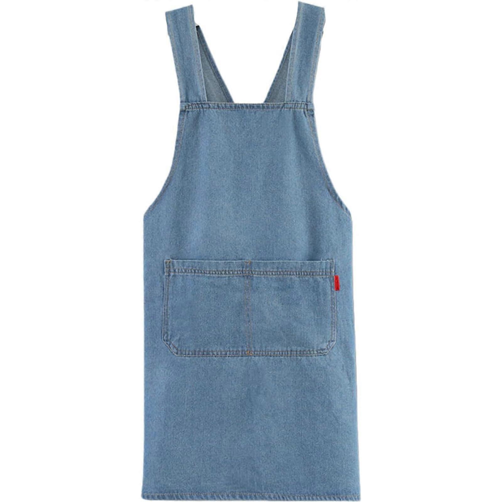 Cross Back Apron Cotton Denim with Adjustable Straps and Reinforced Pockets Light Blue