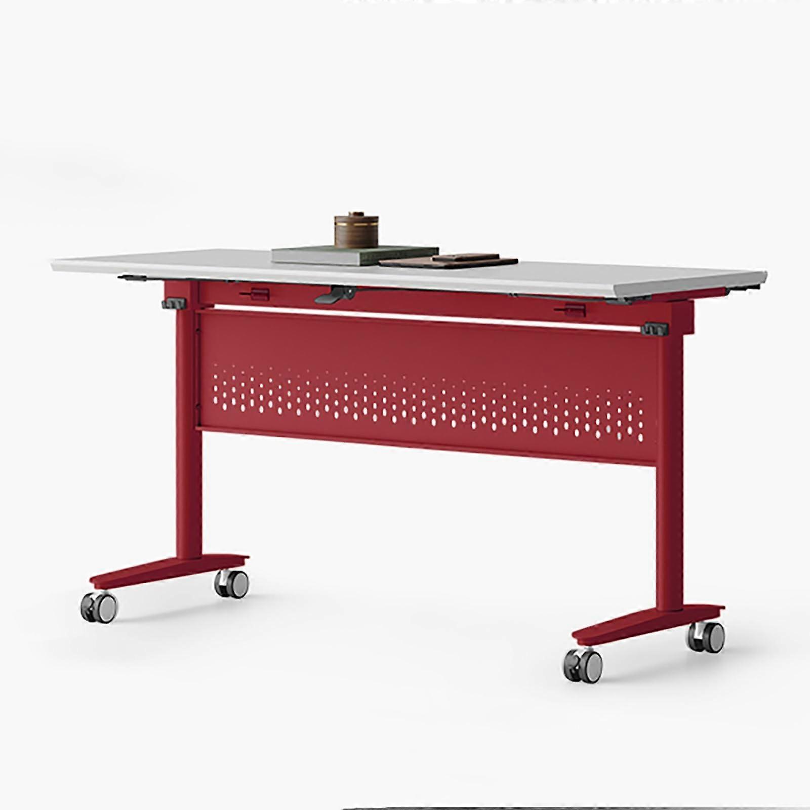 Folding Conference Table with Wheels, Flip  Mobile Training Desk, Red 120x55cm