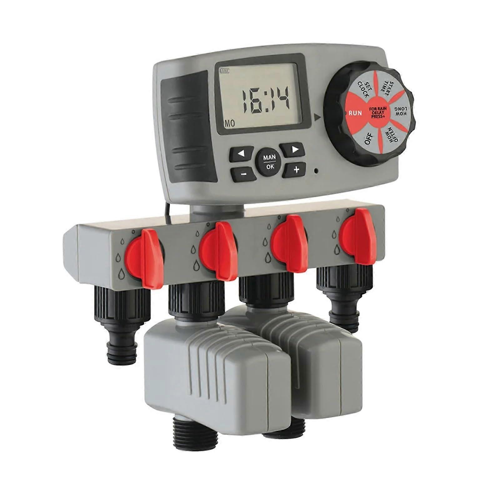 Garden Water Timer Automatic 4Zone Irrigation System Controller with 2 Solenoid Valves Green2 Silver