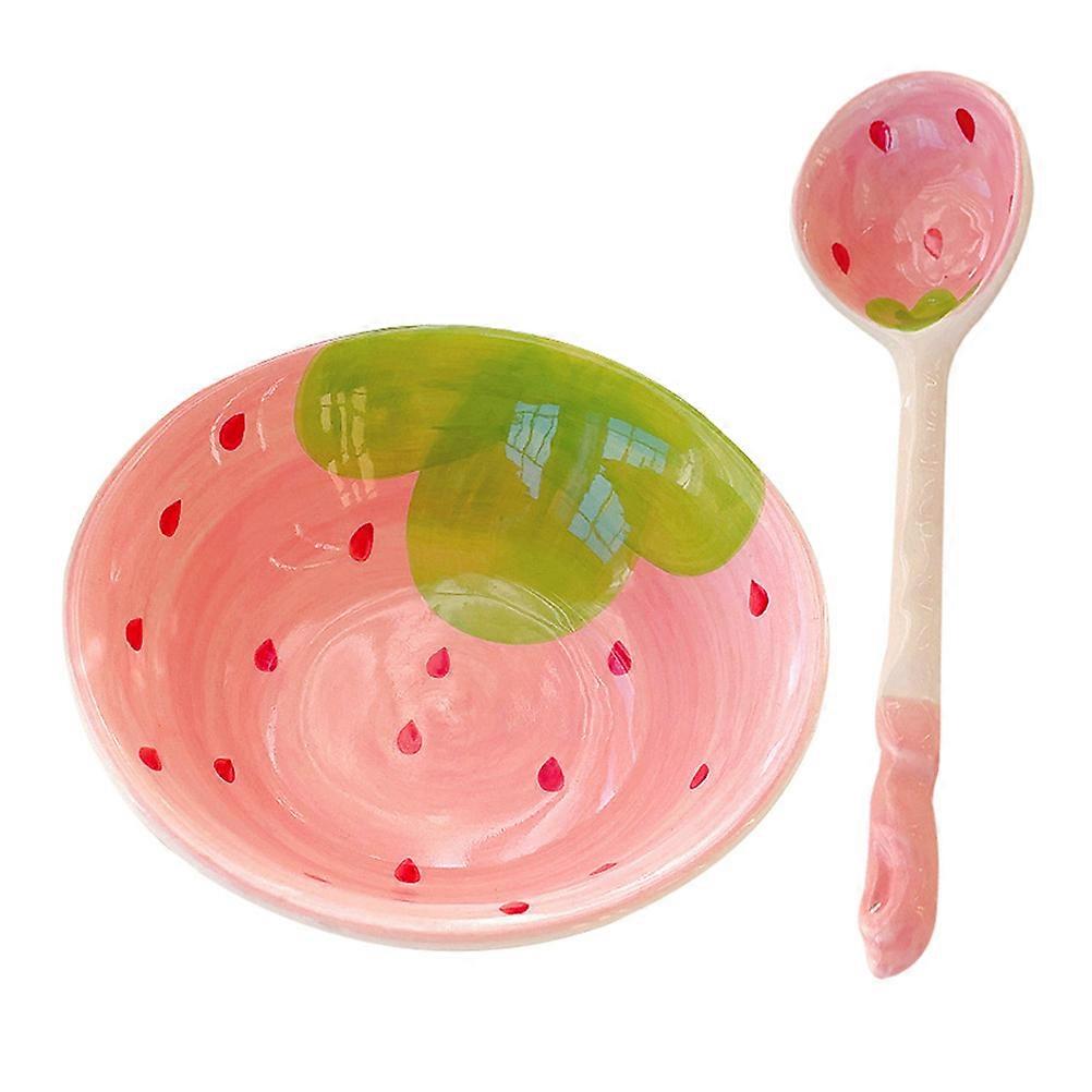 Fruit Pattern Ceramic Bowl Spoon Kit for Soup Serving 5Sets Pink