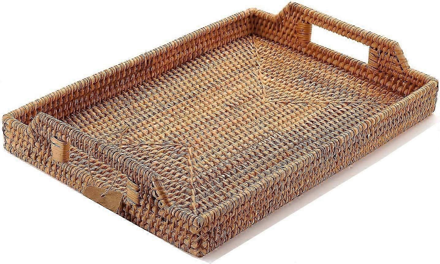 Rattan Serving Tray with Handles, Rectangular Wicker Tray for Bre