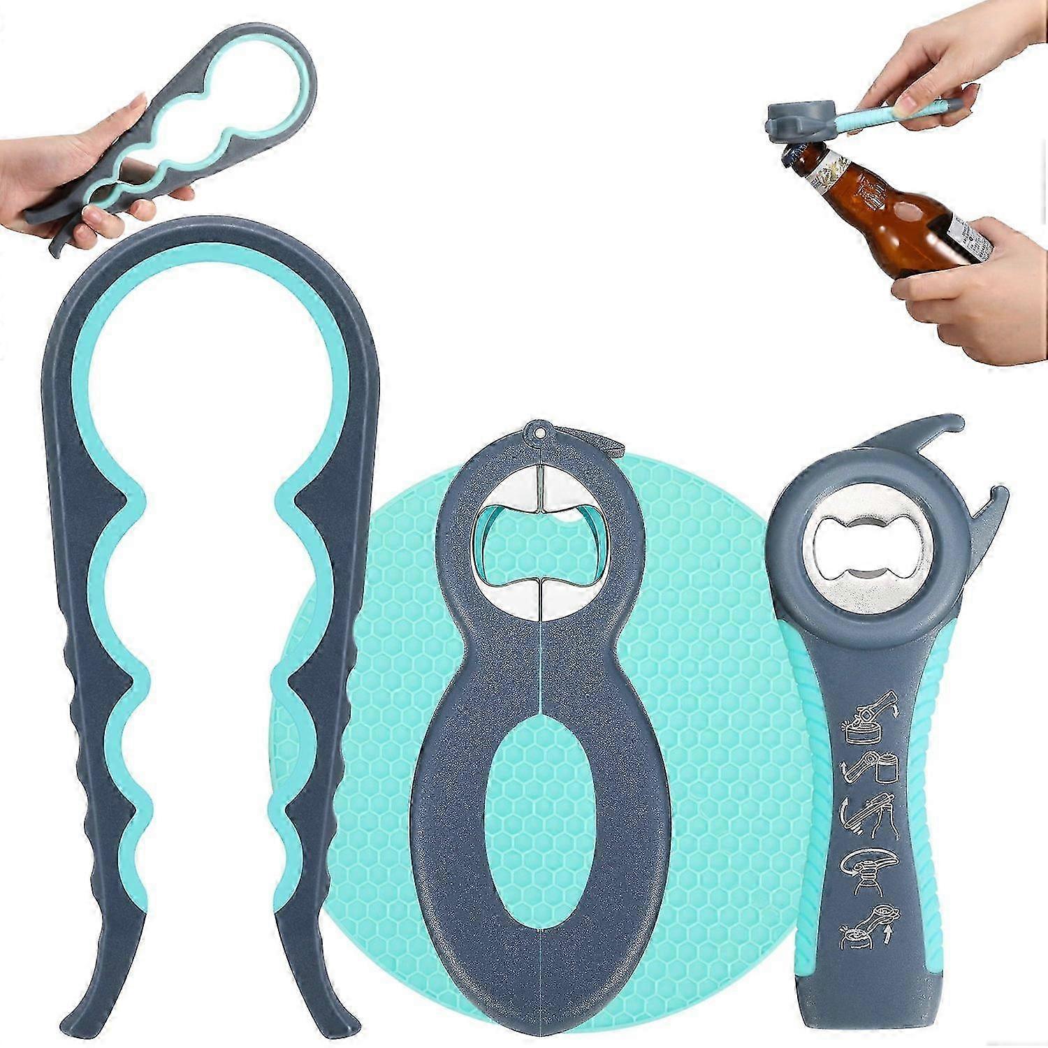3 Pcs 5-in-1 Multi-Function Blue Non-Slip Rubber Can Opener