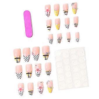 Press On Manicure Set Floral Almond False Nail Art With Flower Star Bead Accents, Reusable ABS 24Pcs Set With 12 Size Options for Daily Styling