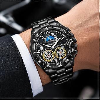 Men's Double Tourbillon Skeleton Fashion Watch Black Steel Black Dial White Markers Non-Mechanical Multifunction Luminous Waterproof JY