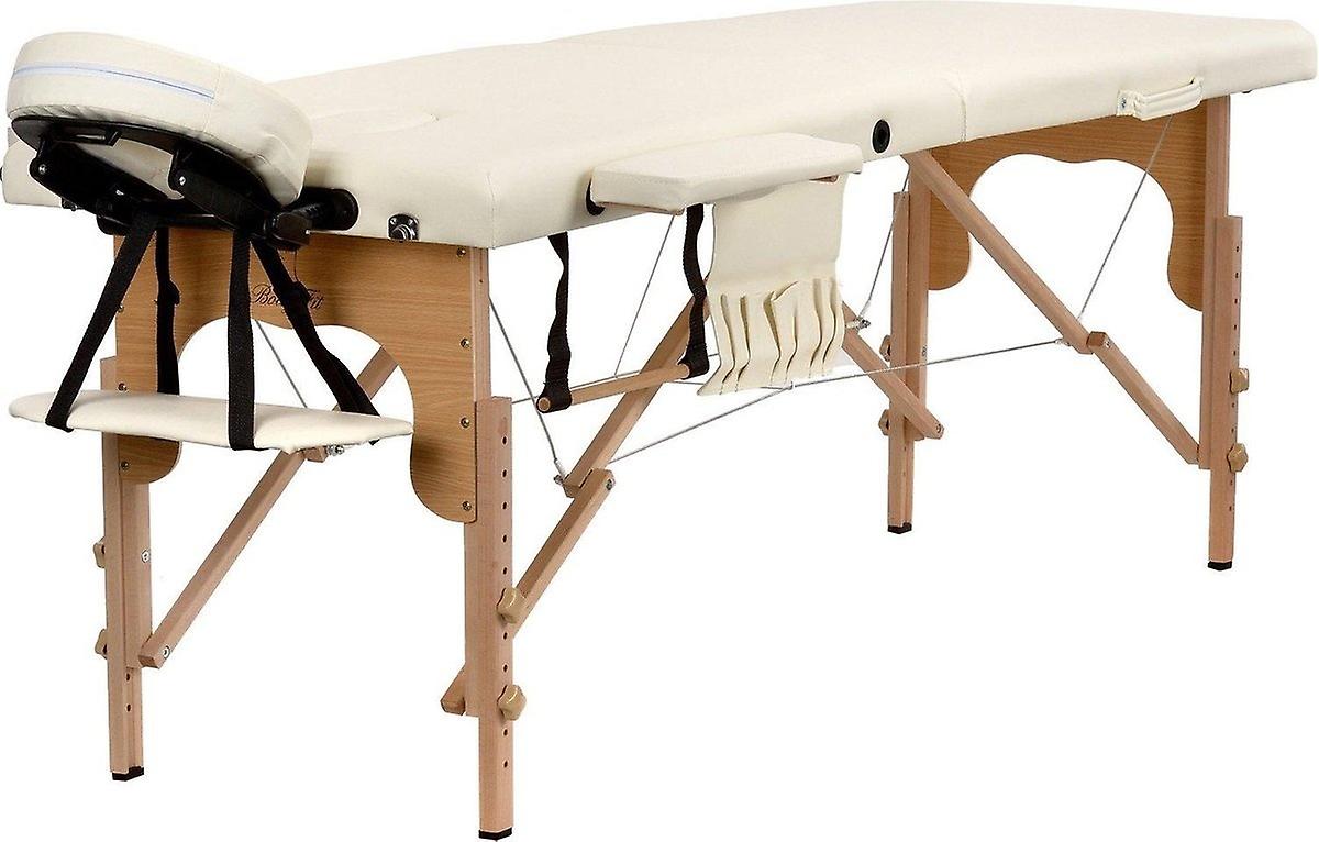 Massageliege aus Holz - 2 Segmente - verstellbar - cremefarbenes ECO-Leder - 216 cm lang