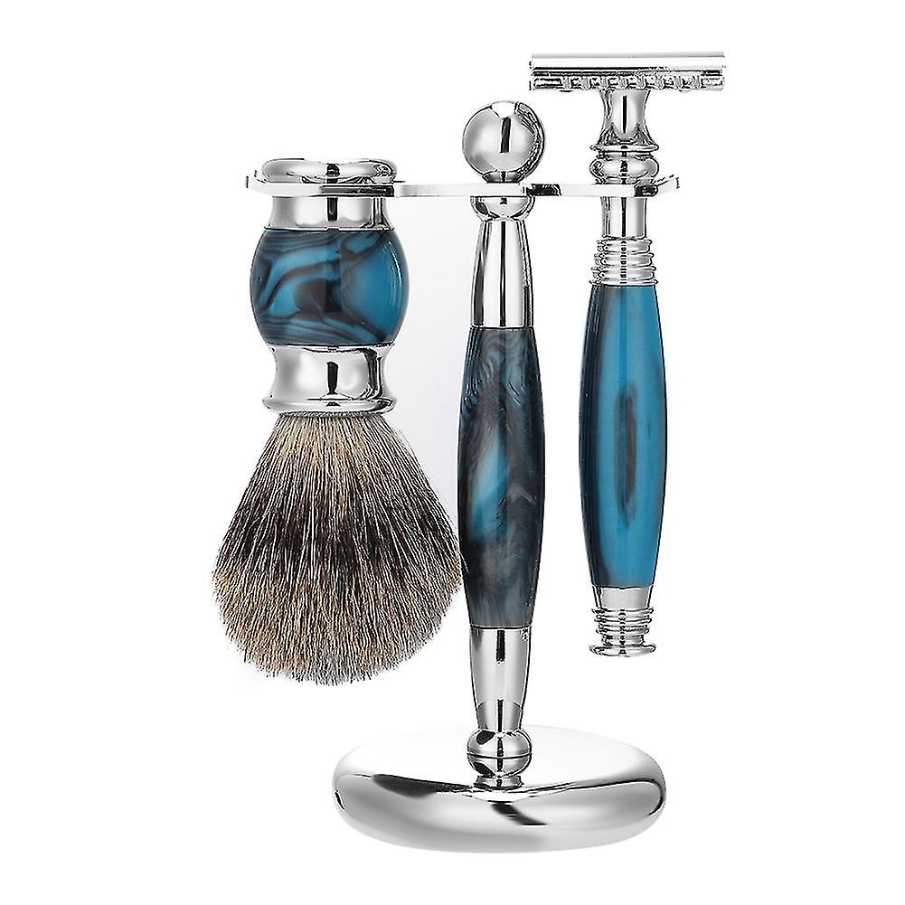 Men Manual Safety Double Edge Long Handle Razor + Shaving Brush Kit + Stand Holder Blue