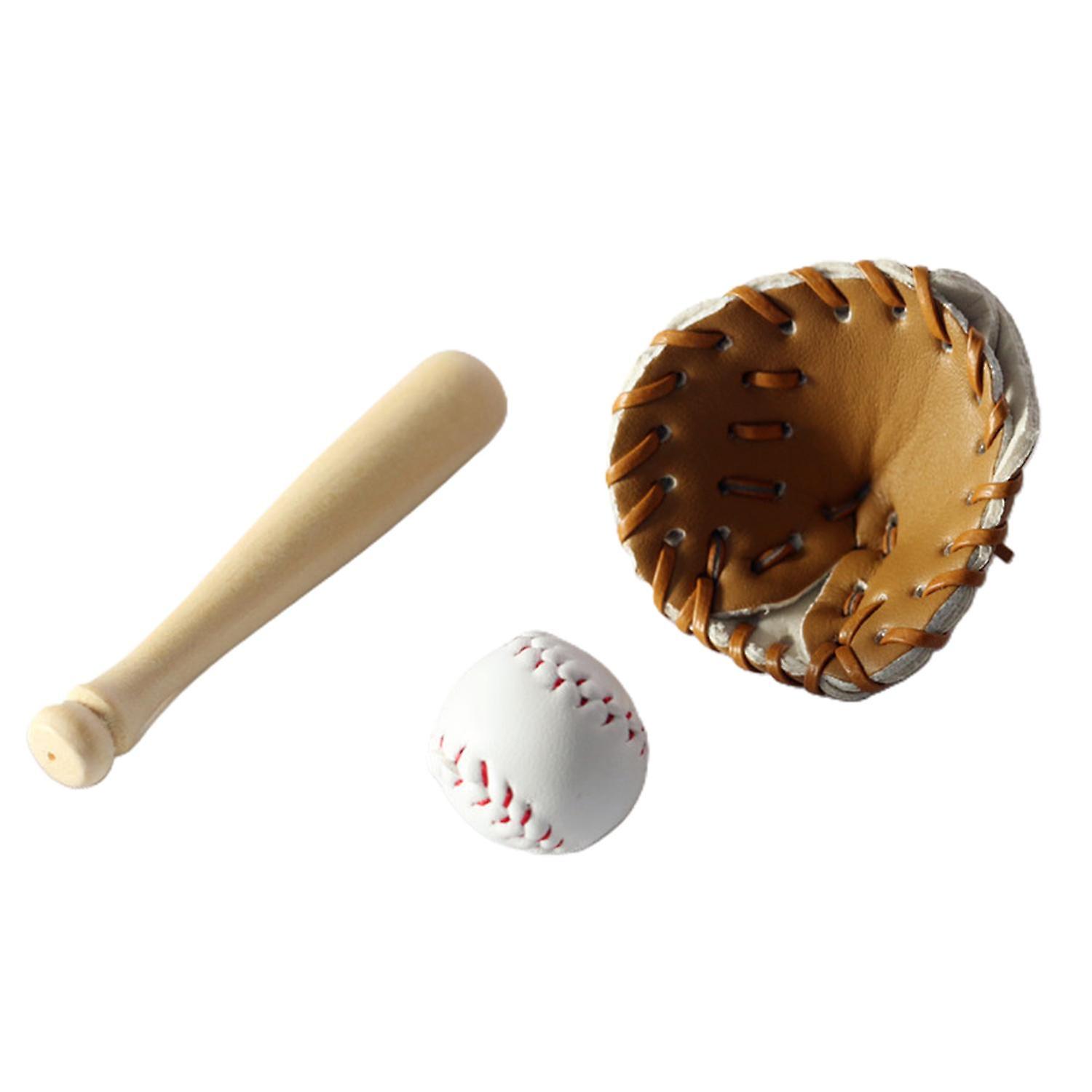 3Pcs/Set Simulation Baseball Set Exquisite Model Props Wood Miniature Baseball Glove Set for Dollhou