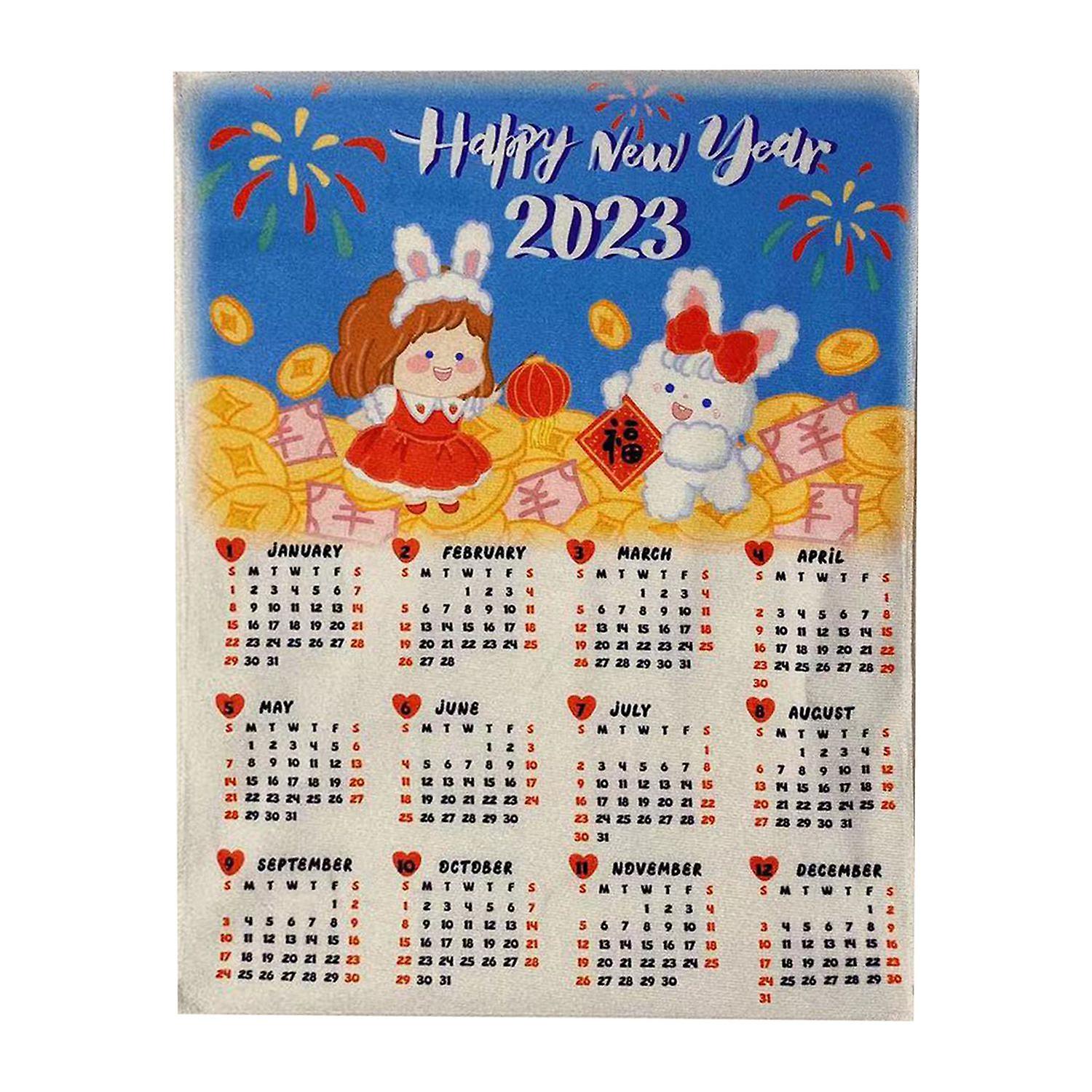 Hanging Calendar Bunny Printed Decorative Polyester Cute Rabbit 2023 New Year Calendar Wall Tapestry
