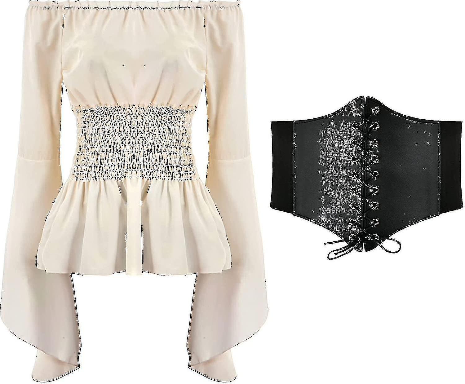 2023 נשים חולצת רנסנס צמרות מחוך חגורת מותניים ימי הביניים ויקטוריאני מחוץ לכתפיים חולצה שרוול ארוך פיראט תחפושות קוספליי מהיר xinhan