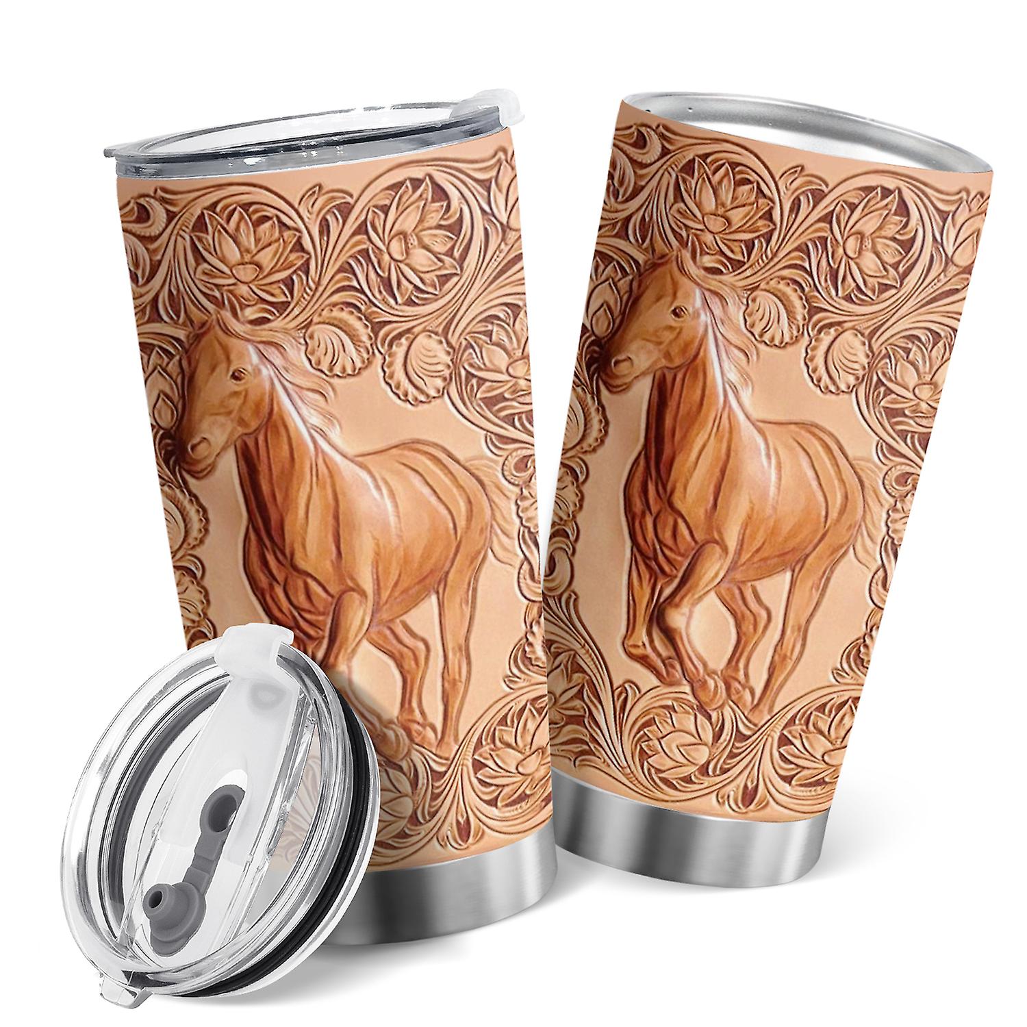 Oasisdream Imitation Wood Carved Horse Tumbler 20oz Stainless Steel Vacuum Travel Cup with Lid