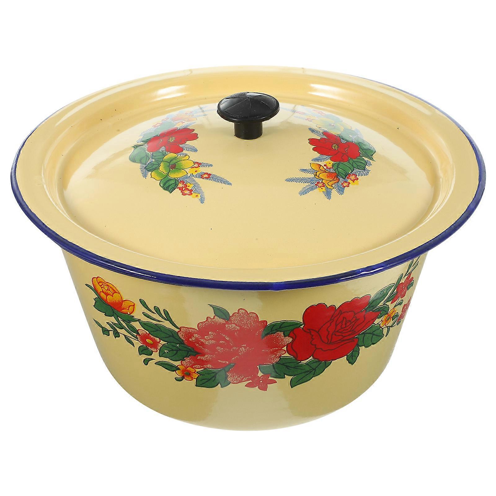 Retro Washing Basin Enamel Basin with Cover Enamel Soup Basin Vintage Enamel Bowl