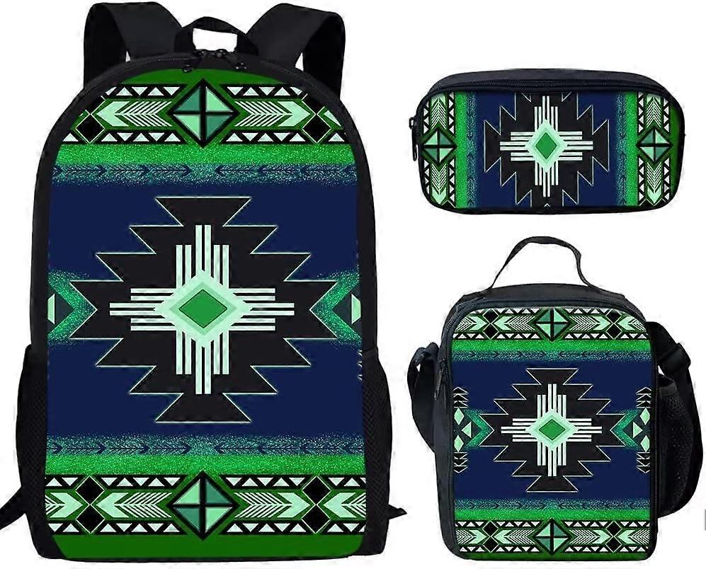 أصلي أفريقي نافاجو أخضر طباعة هندسية للأطفال 3 عبوات حقيبة ظهر مدرسية ، حقيبة ظهر مدرسية ، صندوق غداء ، حقيبة أقلام رصاص
