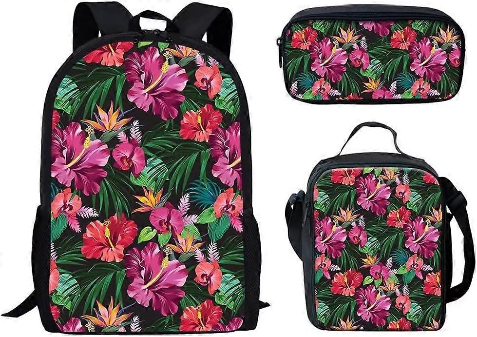 زهرة استوائية خضراء نخيل أطفال حقيبة ظهر أطفال حقيبة مدرسية مع حقيبة حمل غداء وحقيبة قلم حقيبة كتب حقيبة ظهر للبنات الابتدائية ، خفيفة الوزن