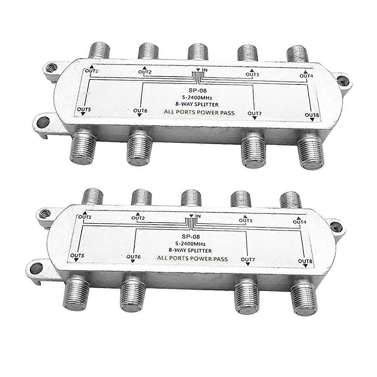 2PCS Satellite 8 Way Coaxial Cable Splitter 5-2400MHz F Type Plug Work with Analog/Digital TV Conne