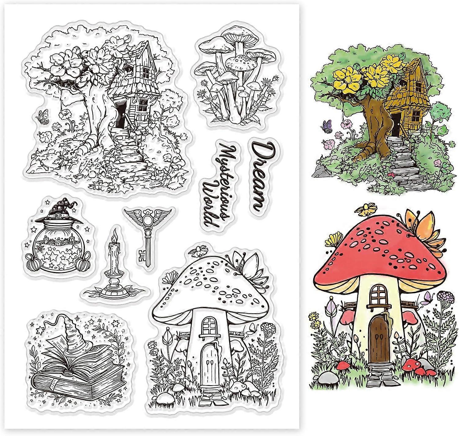 Fairytale World Clear Stamp for Card Making Tree House and Mushroom House Silicone Clear Stamp Winged Key Silicone Clear Stamp Seal for DIY Scrapbooki
