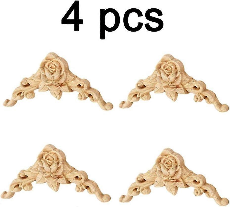 Moulures Décoratives En Bois Sculpté - Lot De 4 Rosaces ~8x8 Cm, Bois D'hévéa, Non Peintes, Pour Décoration Meubles, Murs