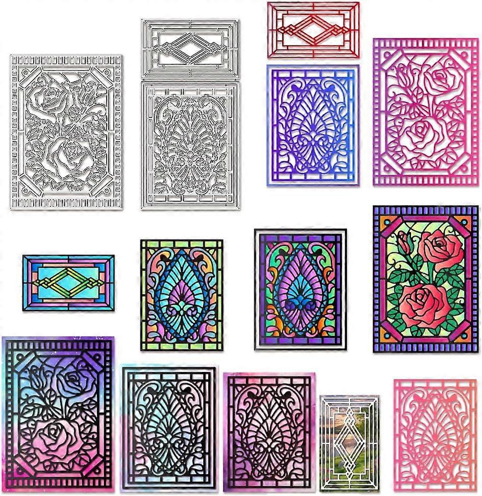 2Pcs Window Frame Cutting Dies Vintage Background Stencils Diamond Border Rose Decorative Embossing Stencils for Scrapbooking Photo Album Greeting Car