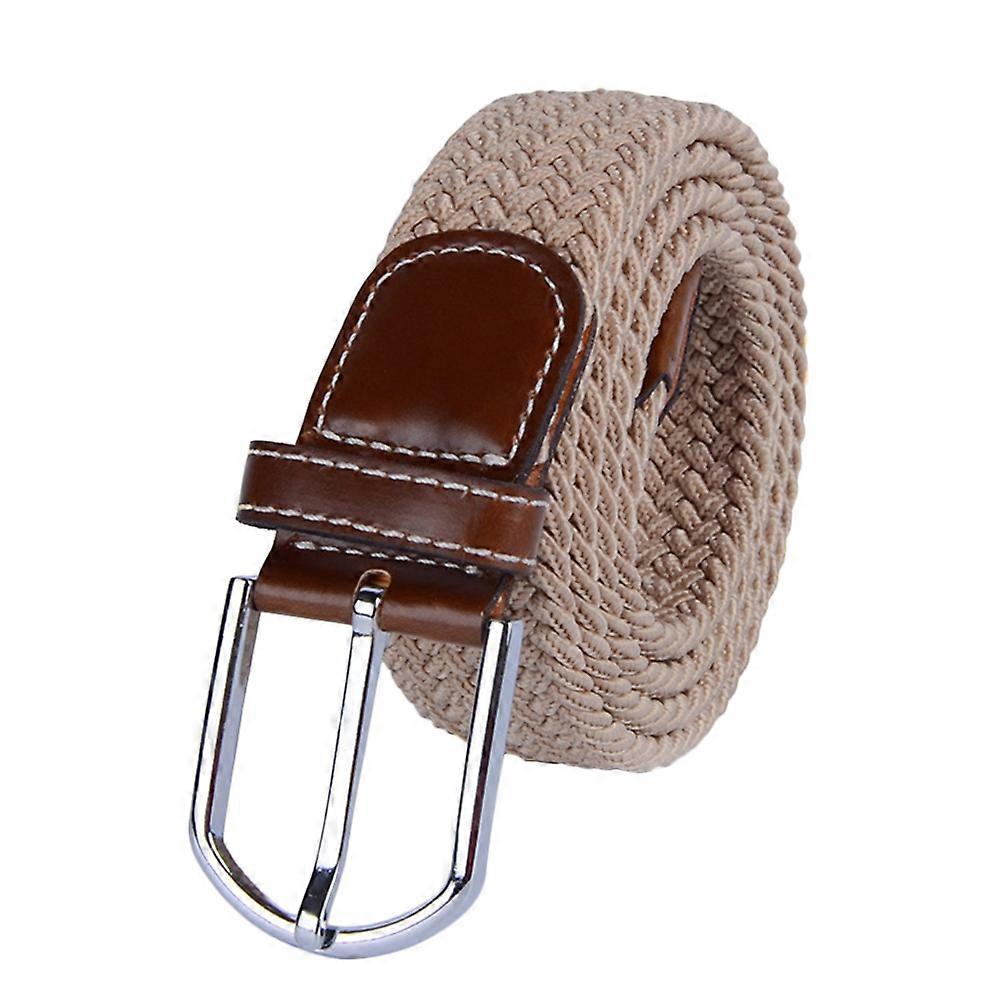 Universal Braided Stretch Belt Casual Fabric Woven Weave Elastic Belt for Men and Women with PU Leather Loop and End Tip (Khaki)