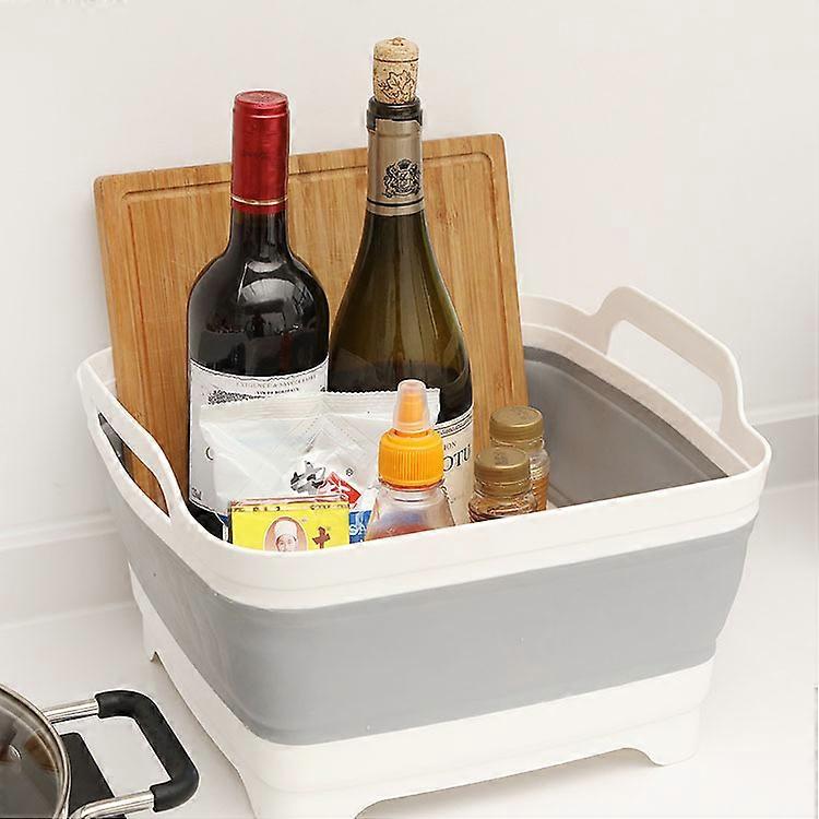 Foldable kitchen drainage basket, folding dinner plate with drain plug, multi-functional kitchen vegetable cleaning basket, gray