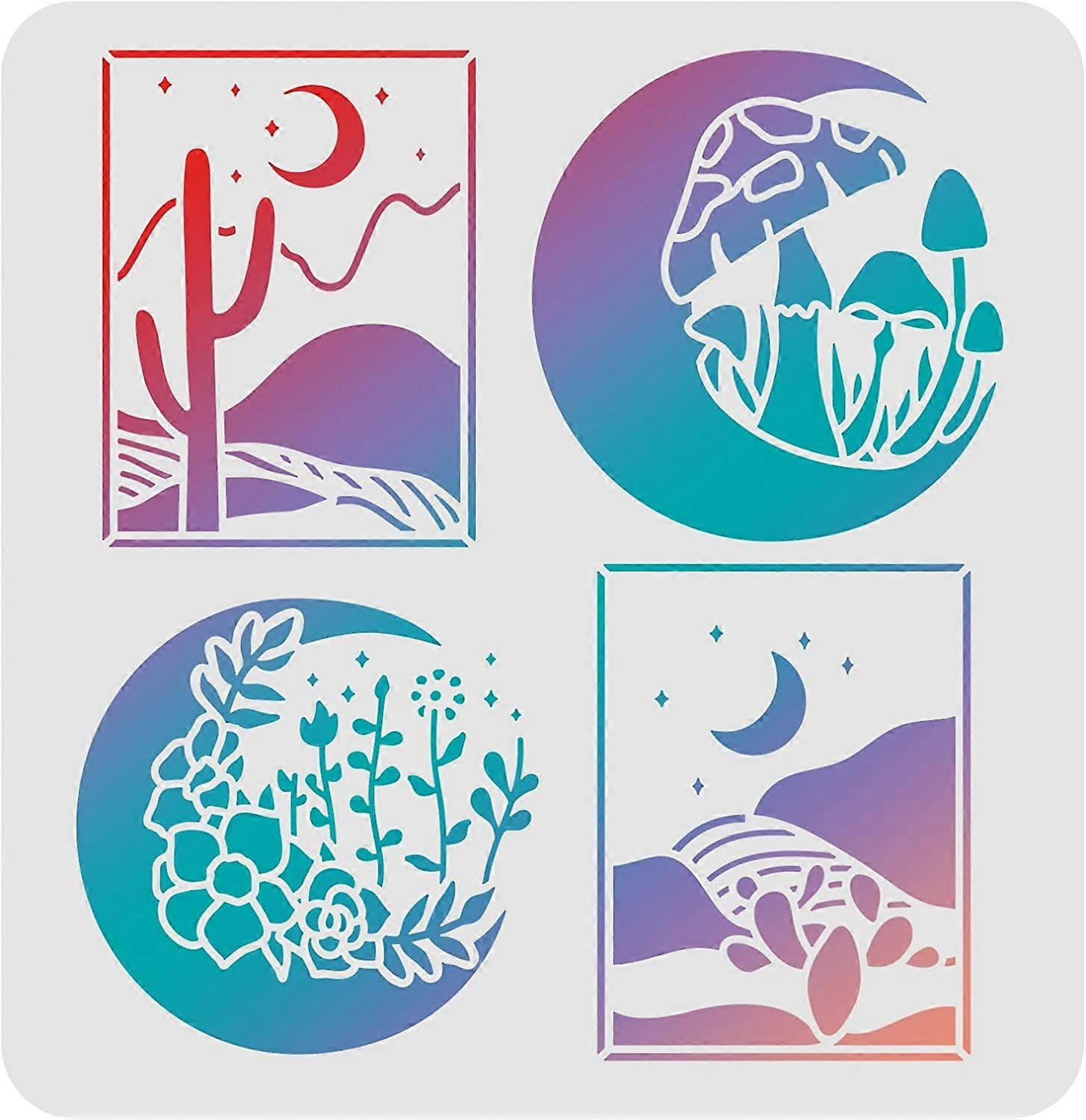 Moon Stencils Template 11.8x11.8inch Plastic Moon Mushroom Flower Drawing Painting Stencils Desert Pattern Reusable Stencils for Painting on Wood Floo