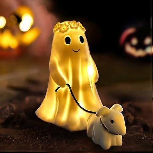 Warm Lighted Halloween Ghost Dog Statue Ghost with Dog Night Light Cute Ghost and Dog Party Decorations for Halloween Home Bedroom Decors Table Center