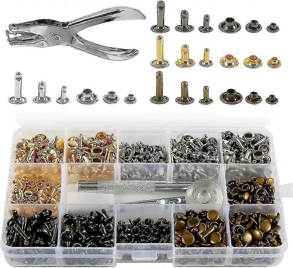 360 Leather Rivets Set Double Cap,3 Sizes Metal Tubular Rivet With Punch Pliers And 3 Pieces Fixing Tools For Leather Repair Replacement Rivets Decora