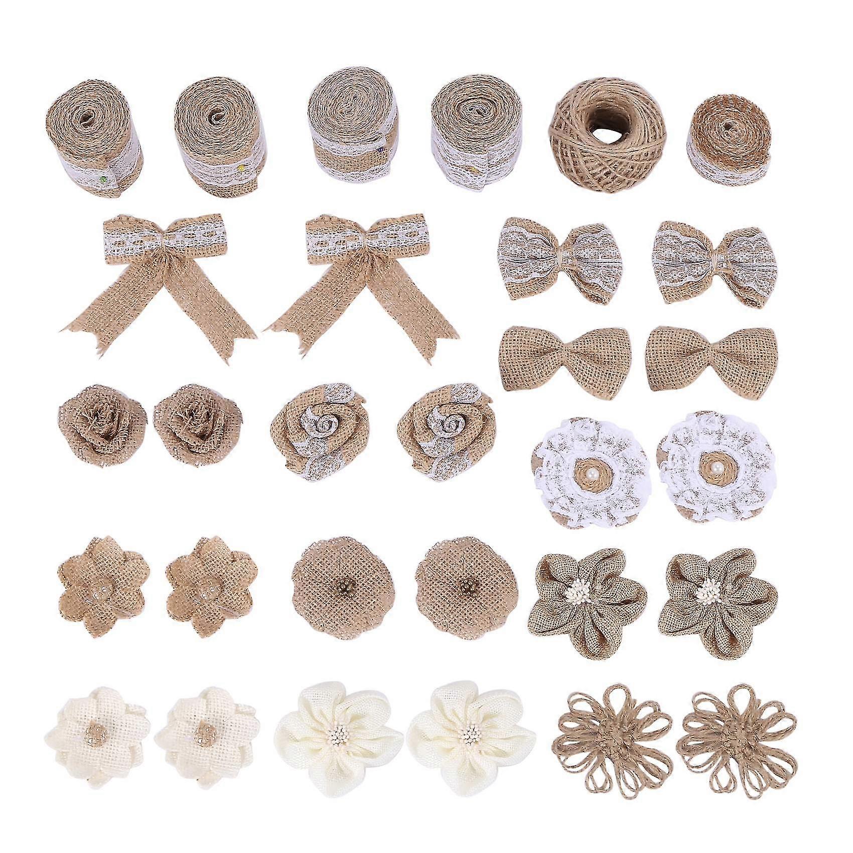 30pcs Burlap Flowers Set,include 5 Lace Burlap Ribbon Rolls,24 Handmade Burlap Flowers And Bowknots