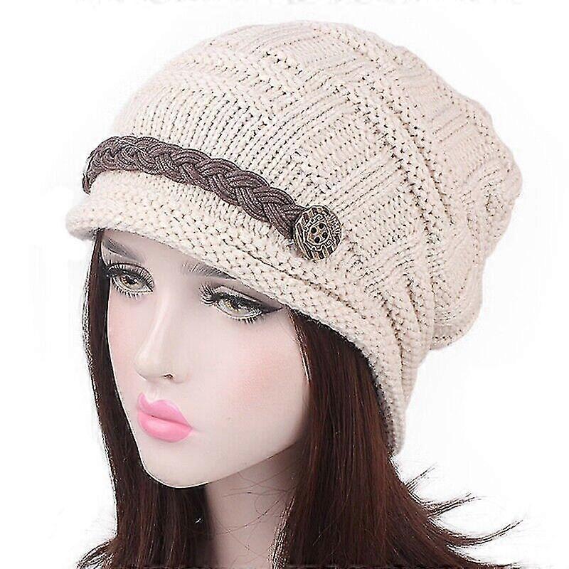 Warm Slouch Beanie Hat Textured Knit Cozy Thick Fleece Thermal Lining Acry.(beige1pcs)