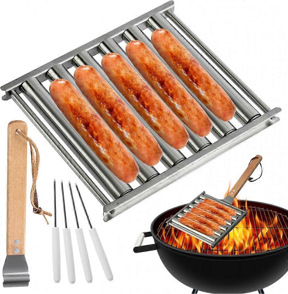 Hot Dog Roller Sausage Roller Rack με μακριά ξύλινη λαβή BBQ Hot Dog Griller Steamer 5 Hot Dog χωρητικότητα μαγειρεμένο για μπάρμπεκιου Camping Accessor